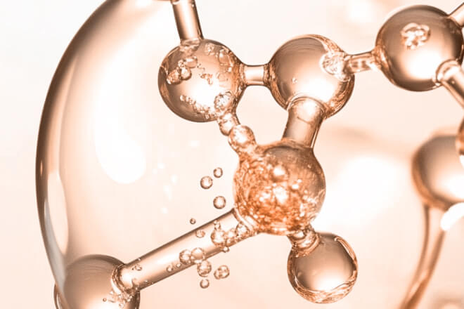 Zoomed-in rendering of a molecular model with rising bubbles, symbolizing a chemical or biological process