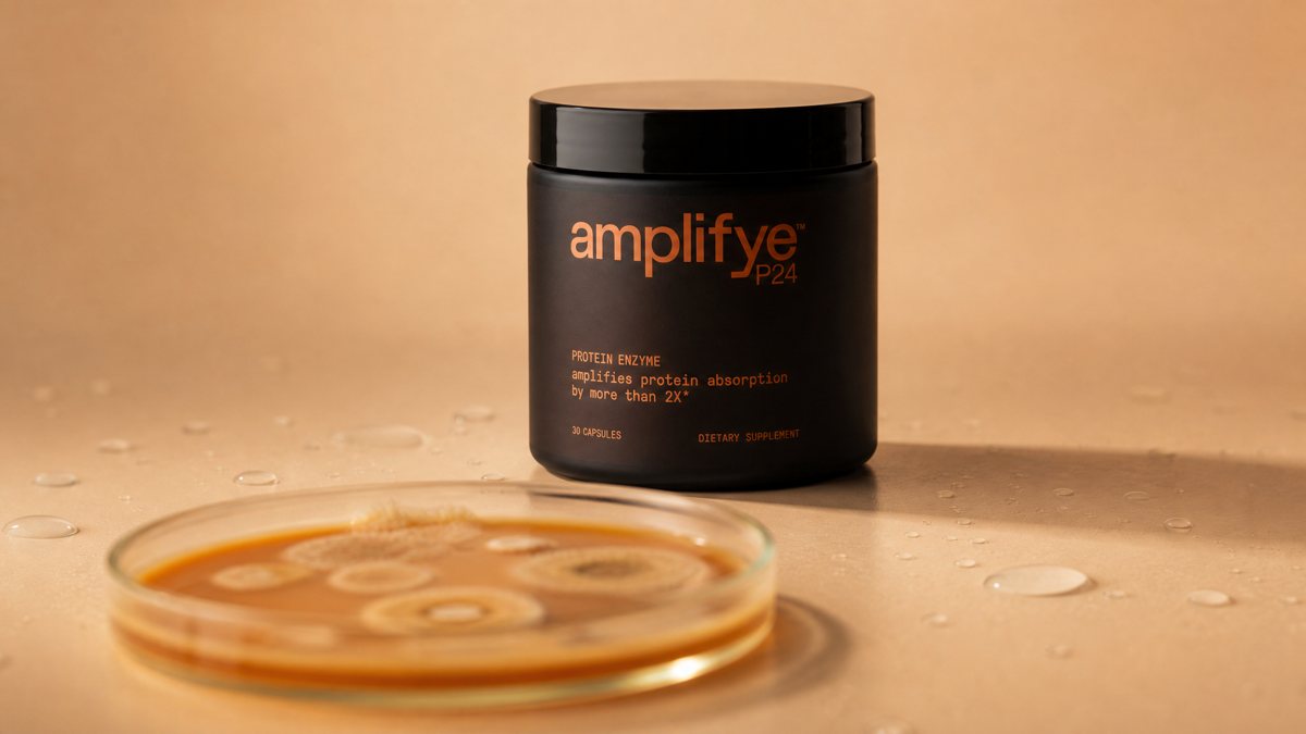 A jar of amplifye P24 resting in amber liquid