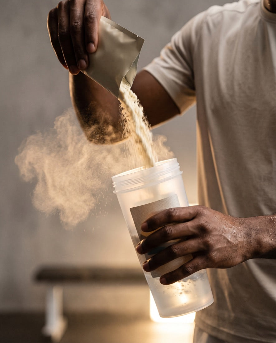 Protein powder being poured into a shaker bottle